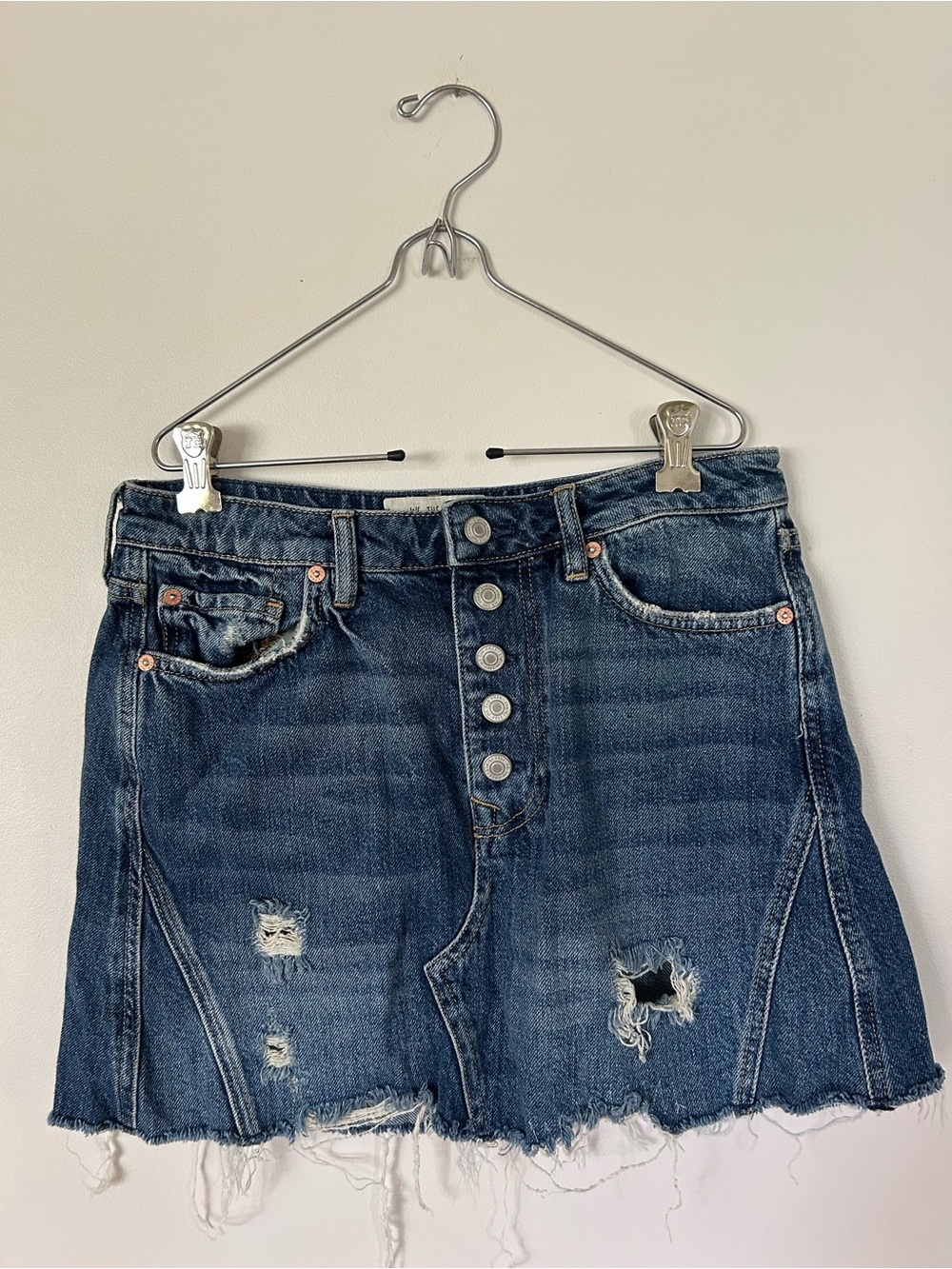 We the Free by Free People Denim A-Line Mini Skirt Frayed Hem Distressed Size 29